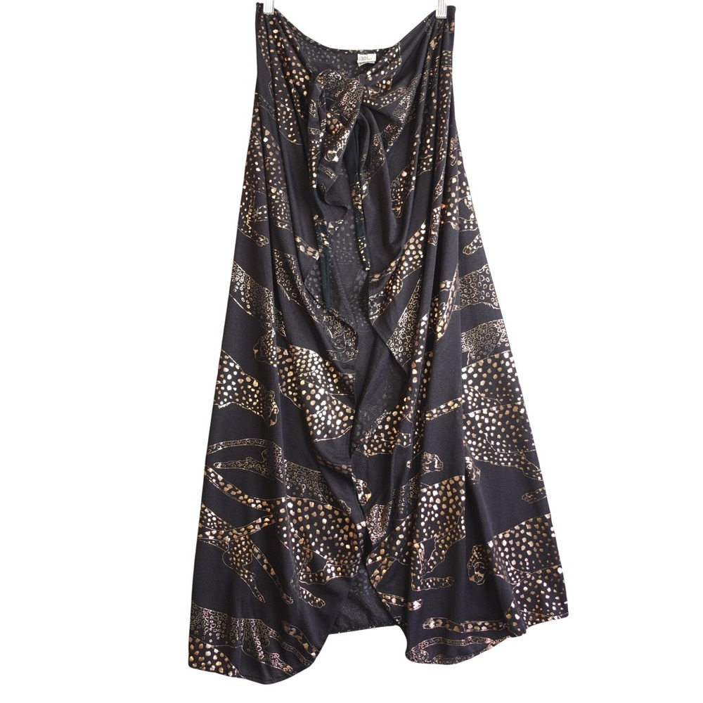 Vintage 70s Sheer Mesh Cheetah Print Swim Cover Up Black Gold Metallic Maxi Wrap